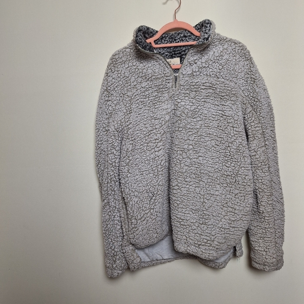 Thread & Supply Neutral Gray Sherpa Fleece Quarter Zip Pullover Size Large
